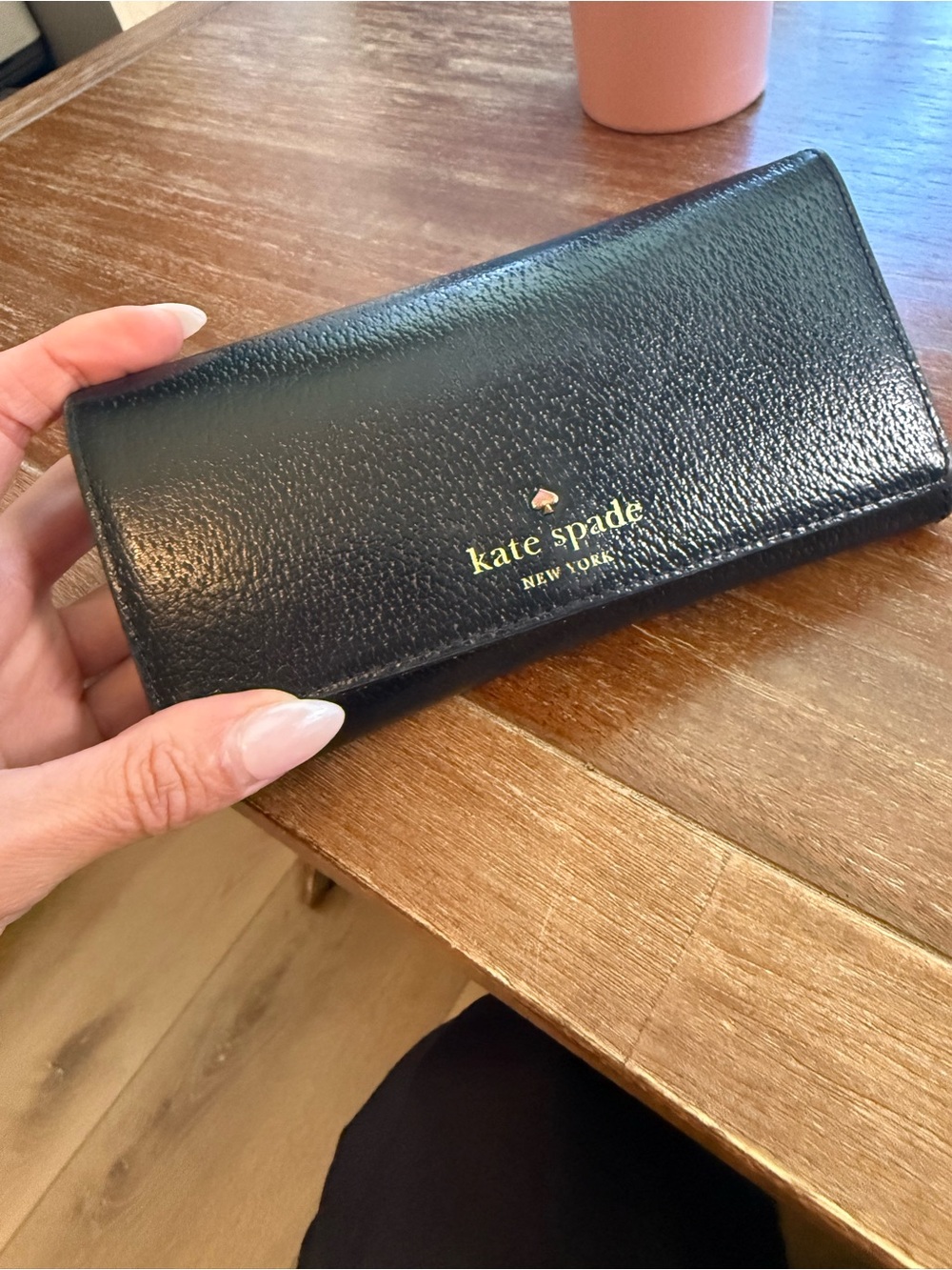 kate spade Black Leather Continental Wallet with Gold Logo